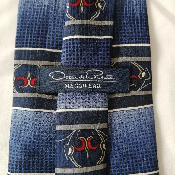Vintage 80s Oscar de la Renta 100% Silk Blue Ombre and Red Patterned Tie - Picture 6 of 14